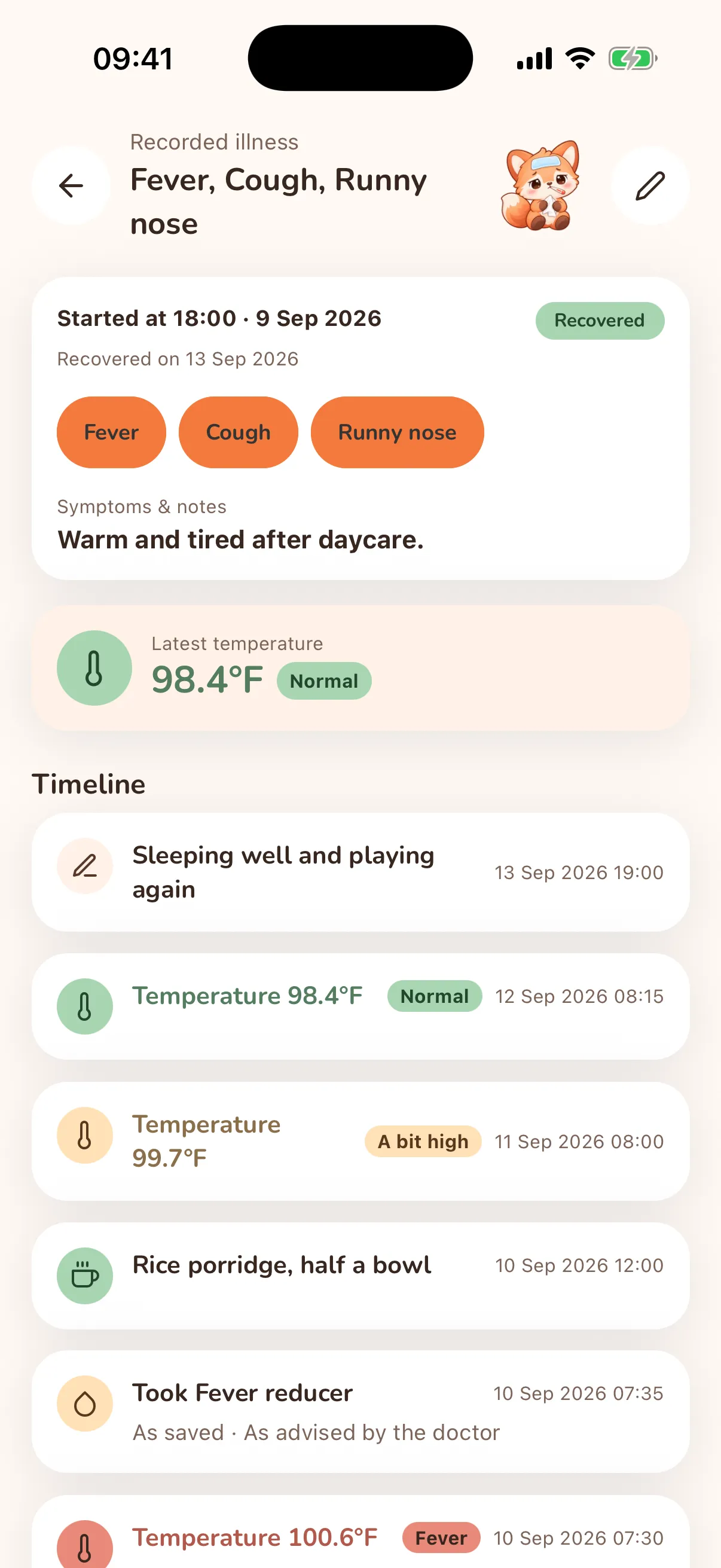 Foxy illness timeline with temperature readings, a medicine and a recovery note.