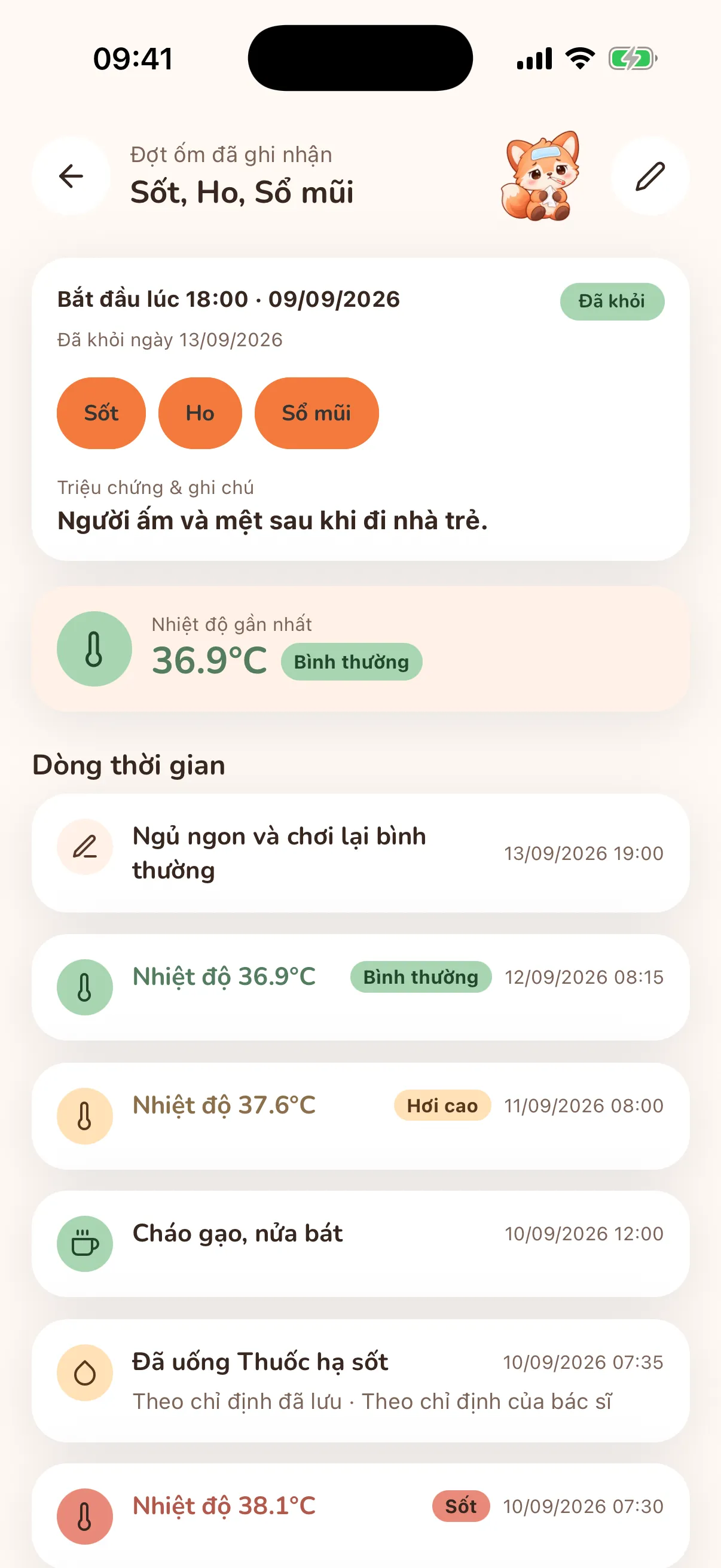 Dòng thời gian một lần ốm trong Foxy với nhiệt độ, thuốc và ghi chú đã khỏe lại.