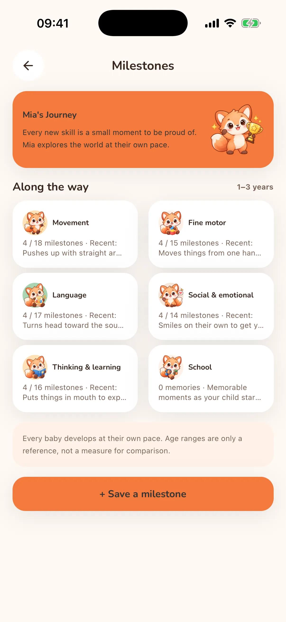 Foxy Milestones screen listing developmental areas with recorded milestones.