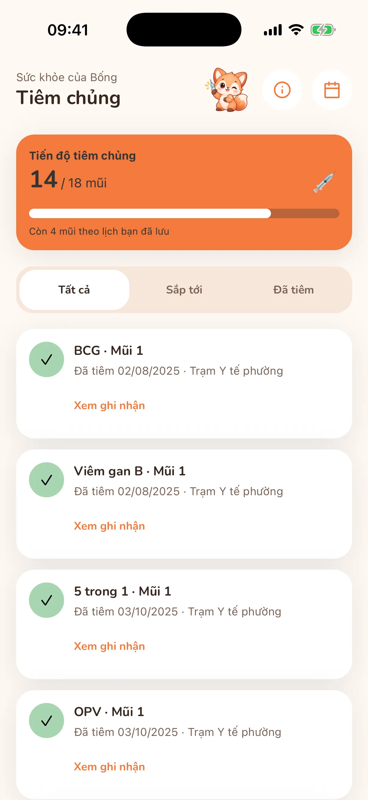 Danh sách tiêm chủng trong Foxy với các mũi đã tiêm và mũi sắp đến hạn.