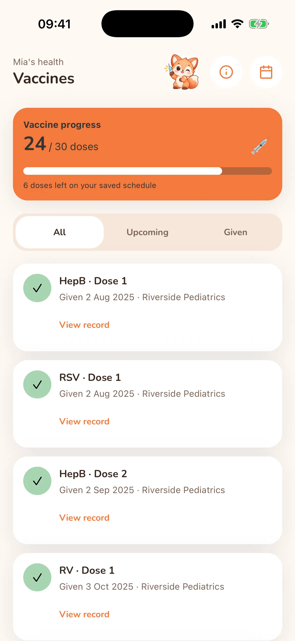 Foxy vaccination list with completed doses and the next due dose.
